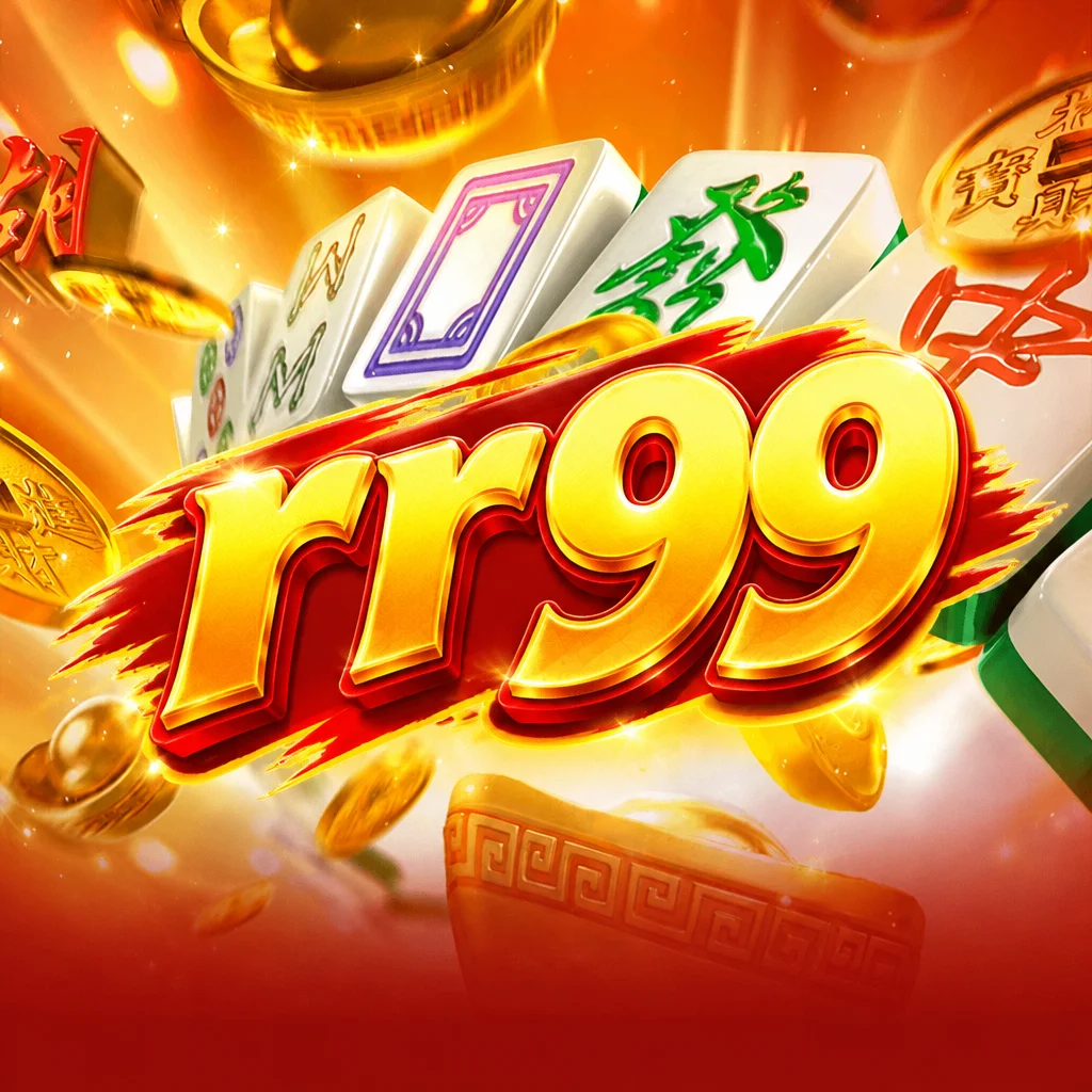 Ubin mahjong bertaburan koin emas berlatar oranye cerah dengan logo rr99