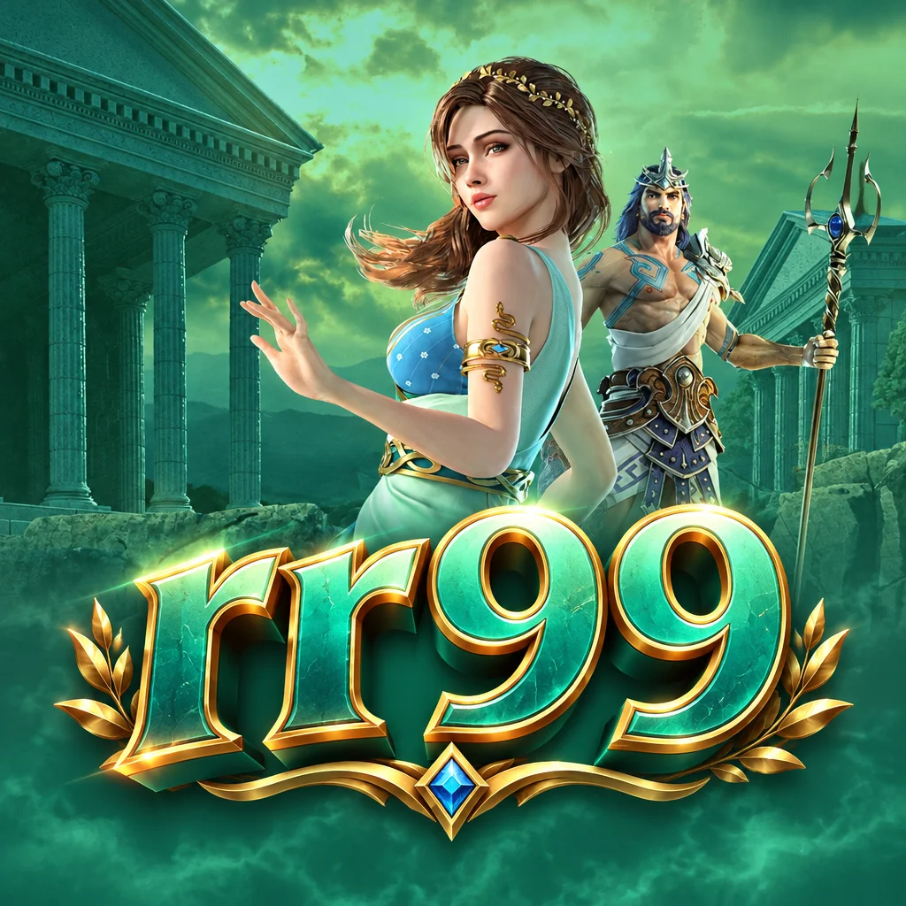 Karakter Medusa dan Poseidon berlatar kuil Yunani kuno dengan logo rr99