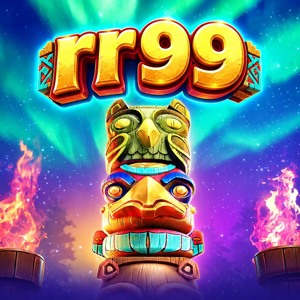 Tiang totem kuno berhias ukiran mistis di alam liar dengan logo rr99